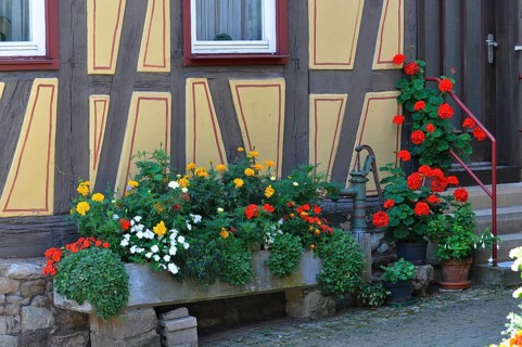 Fountain with summer flowers at the half-timbered house