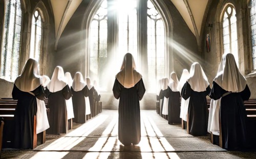 Catholic nuns at morning devotions in a chapel flooded with light, KI generated, AI generated