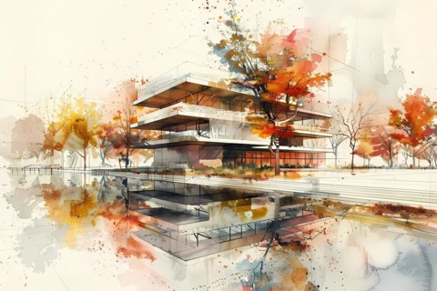 Tranquil watercolor of a modern building amidst autumn foliage reflecting on water, Bio