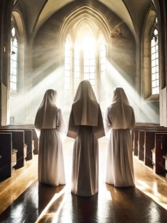 Three Catholic nuns at morning devotions in a chapel flooded with light, KI generated, AI generated