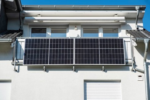 Solar panel on a balcony in Monheim am Rhein, North Rhine-Westphalia, Germany, Europe