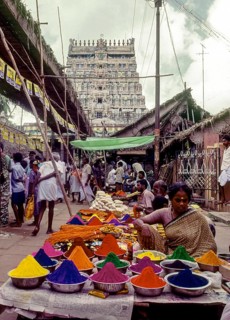 Color powder and Pooja things for sale in Chidambaram, Tamil Nadu, South India, India, Asia