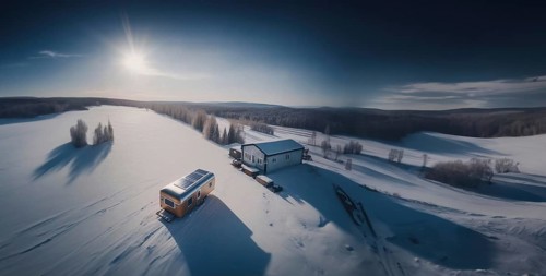 Trailer outdoors in winter in the forest with a solar panel on the roof. The concept of life