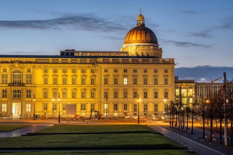 The imposing reconstructed city palace in the heart of Berlin at sunrise