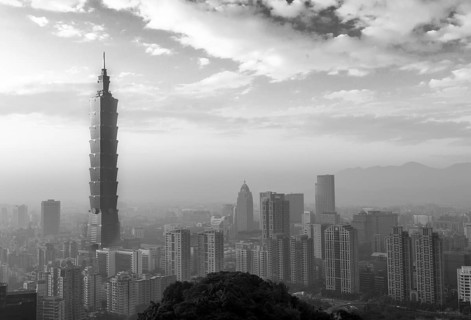 Taipei, Taiwan, January 5, 2015: Black and white view of Taipei city skyline during sunset, Asia
