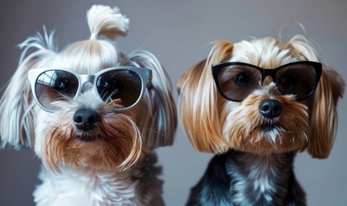 Two Yorkshire Terriers wearing stylish sunglasses AI generated