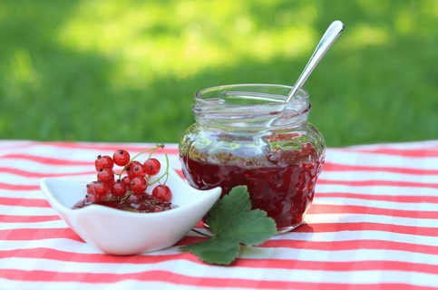 Jar of red currant jam on the napkin