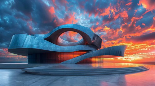 Modern building with metallic spiral design set against a dramatic sunset sky, AI generated