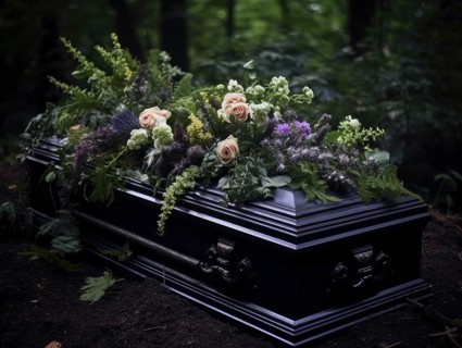 Coffin, atmospherically decorated with flowers, funeral bouquet, KI generated, AI generated