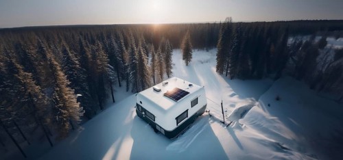 Trailer outdoors in winter in the forest with a solar panel on the roof. The concept of life