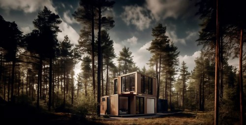 Modular container house with glazing in the forest, secluded compact house, AI generated