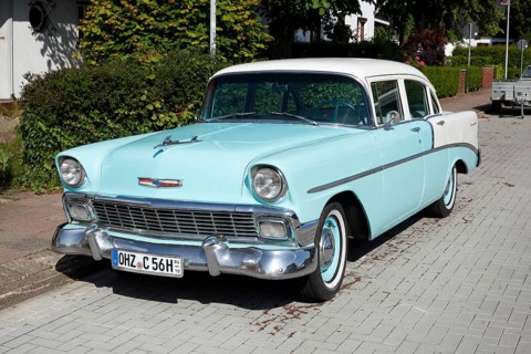 Blue vintage car Chevrolet Bel Air parked on the street, Lower Saxony, Germany, Europe