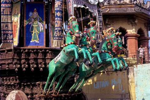Horses in the Kumbheswarar temple chariot in Kumbakonam, Tamil Nadu, India, Asia