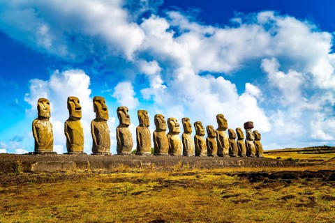 The 15 Moais at Ahu Tongariki in Rapa Nui National Park on Easter Island in Chile
