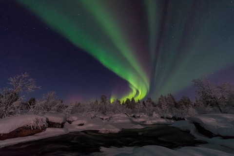 Northern Lights (Aurora borealis) over a moonlit winter landscape, Norrbotten, Lapland, Sweden,