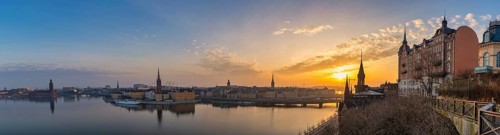 Stockholm Sweden, sunrise panorama city skyline at City Hall Gamla Stan and Slussen