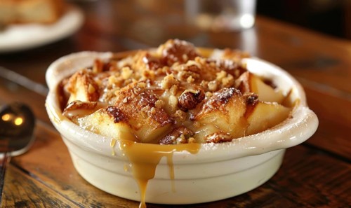 Pear and caramel bread pudding AI generated