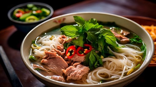 Phó, Vietnamese noodle soup with beef, chilli and basil, KI Generated, AI generated