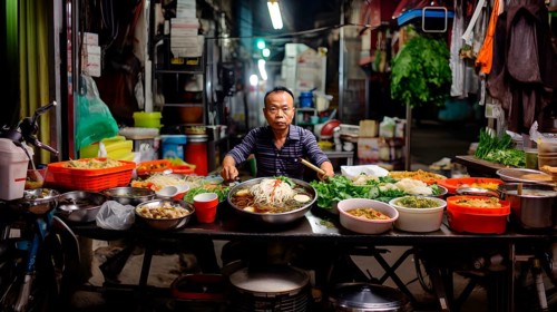 A Vietnamese cook sits in his street kitchen and offers Phó, a Vietnamese noodle soup with beef,