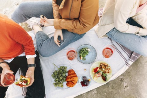 Cheerful young girlfriends drinking wine and eating bruschettas while having picnic on summer