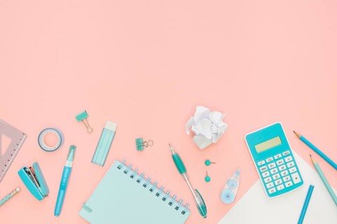 Top view office stationery with notebook calculator
