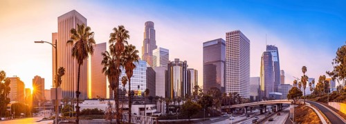 panoramic view at the skyline of los angeles during sunrise