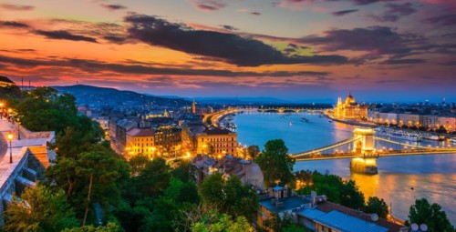 Panoramic view of Budapest with Hungarian Parliament Building on the bank of the Danube and Chain