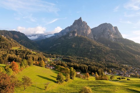 View of mountain range Schlern, Seis, Dolomites, South Tyrol, Italy, Europe