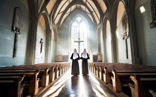 Two Catholic nuns during morning devotions in a chapel flooded with light, KI generated, AI