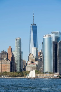 New York, United States of America, September 19, 2019: Sailboat in front of the Lower Manhattan