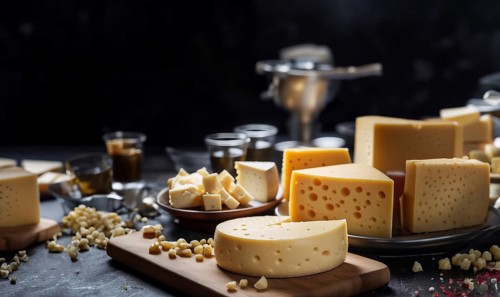 Sliced porous cheese on the table, cheese products, AI generated