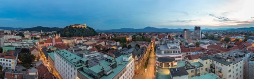 A panorama picture of Ljubljana overlooked by the Ljubljana Castle at sunset