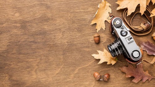Top view camera with autumn leaves copy space. Beautiful photo