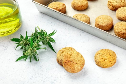 Cannabis butter cookies with marijuana buds and cannaoil, homemade healthy biscuits