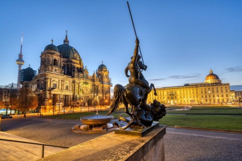 The historic centre of Berlin at dawn with the TV Tower, the Cathedral and the City Palace