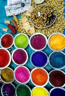 Color powder and Pooja things for sale in Chidambaram, Tamil Nadu, South India, India, Asia
