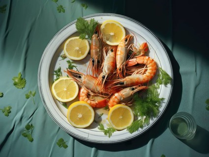 Fresh prawns, served on a plate with lemon and dill, KI generated, AI generated