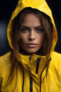 Young woman, dripping wet, brown hair in yellow rain jacket with hood, serious look, rain, Weter,