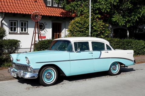Blue vintage car Chevrolet Bel Air parked on the street, Lower Saxony, Germany, Europe
