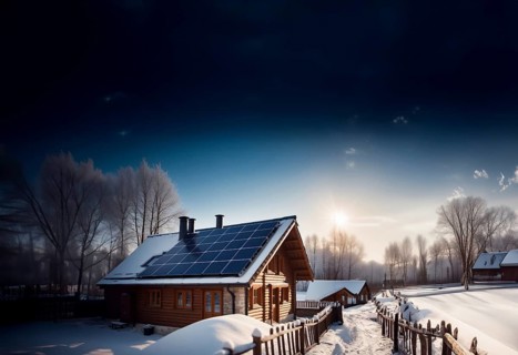 Solar battery on the roof of a village house in winter in nature. autonomous power supply at home,