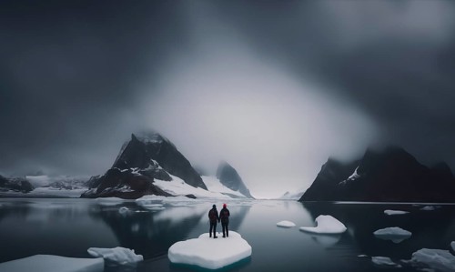 Two travelers with backpacks and winter clothes on an ice floe on a glacier in winter. Couple