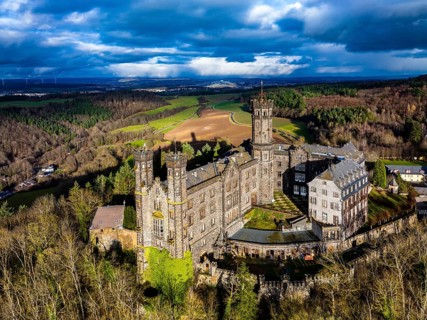 Aerial view, Schaumburg Castle, Balduinstein, Limburg an der Lahn region, Westerwald,
