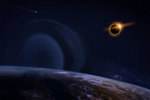 Solar eclipse with orange halo over the planet Earth, on dark starry sky. Elements of this image