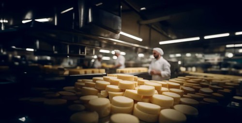 Cheese production, cheese production line, AI generated