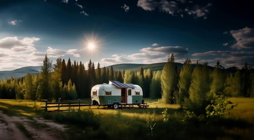 Trailer outdoors in in the forest with a solar panel on the roof. The concept of life outside