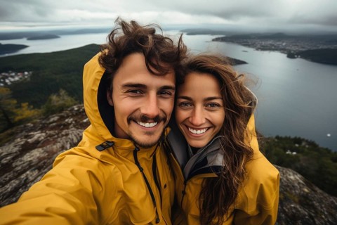 Young couple in mackintosh stands beaming with joy in free nature. behind Nordic landscape and
