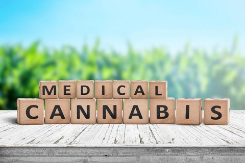 Medical Cannabis sign on a natural desk with a field of herbs in the background