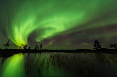 Northern Lights (Aurora borealis) reflected in a mountain lake, Gällivare, Norrbotten, Lapland,