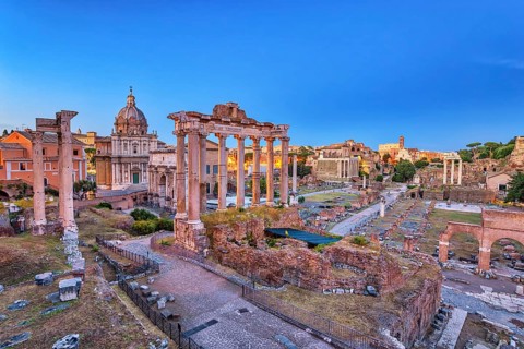 Rome night city skyline at Rome Forum (Roman Forum), Rome, Italy, Europe