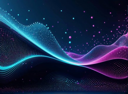 Surreal digital image featuring flowing waves of blue and purple with dot patterns on a dark